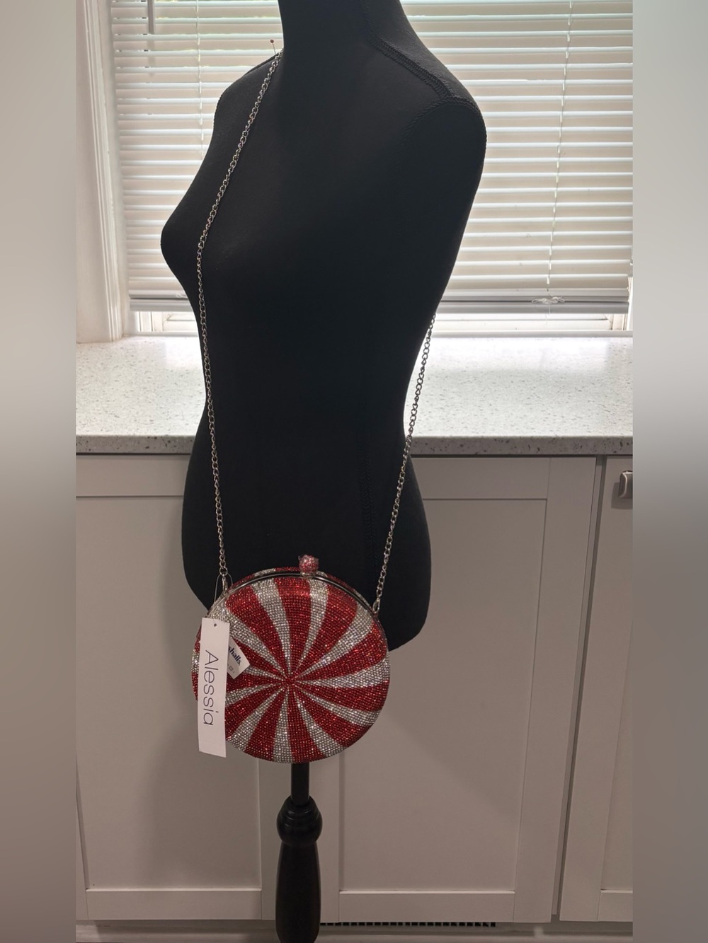 NWT Alessia Bianchi peppermint rhinestone clutch/crossbody swirled candy bag